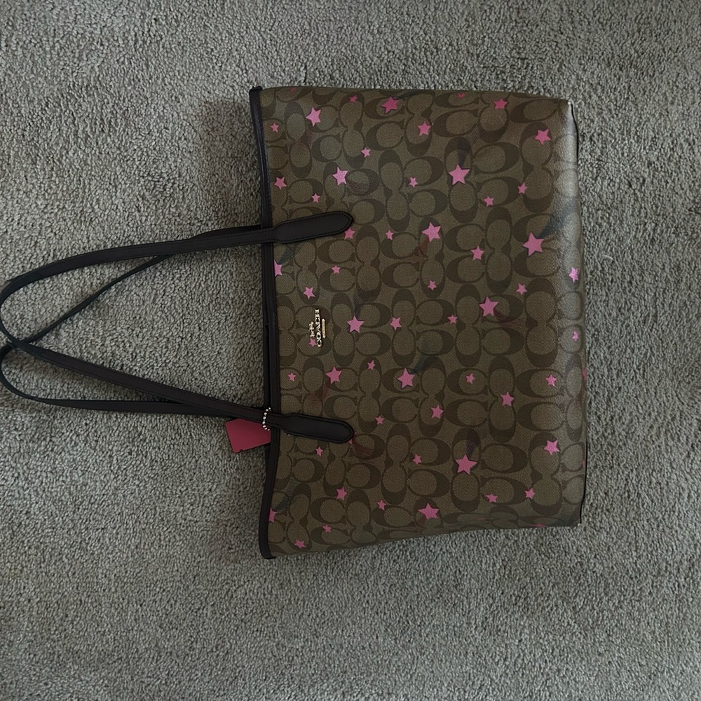 Coach Signature Brown Tote with Pink Stars